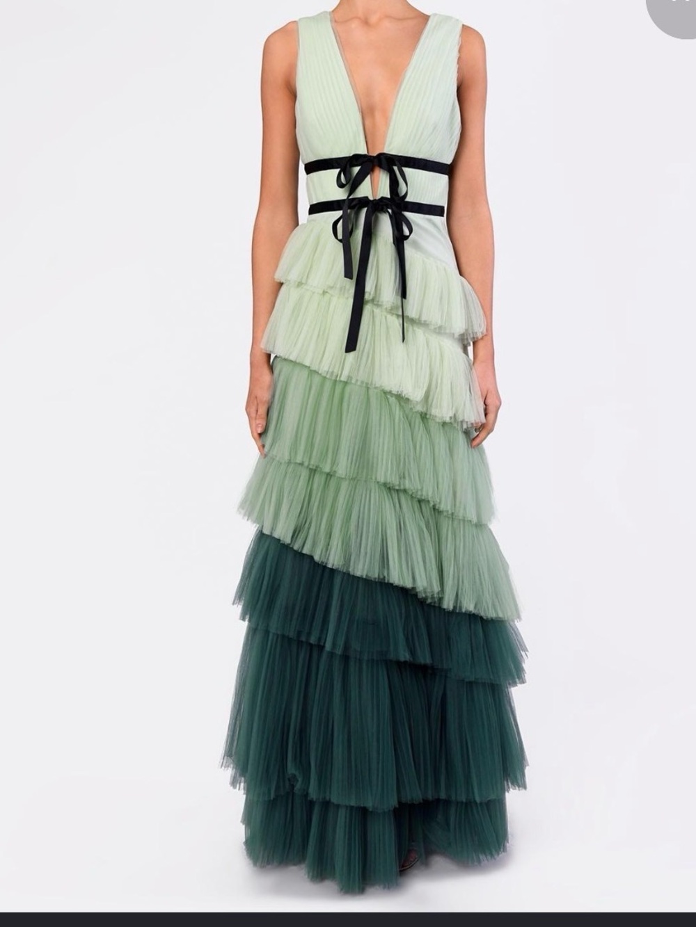 Ombre Green Tiered Tulle Maxi Dress with Black Ribbon
